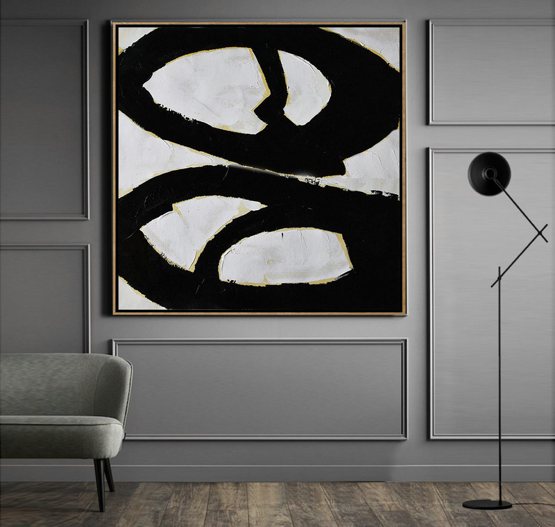 Large Abstract Painting Canvas Art,Handmade Minimal Art Palette Knife Canvas Painting, Black White Beige - Large Wall Canvas